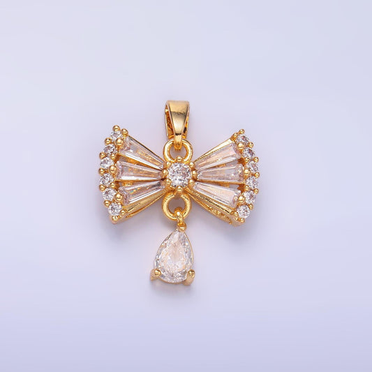 24K Gold Filled Clear CZ Ribbon Bow Drop Charm in Gold | AA1436