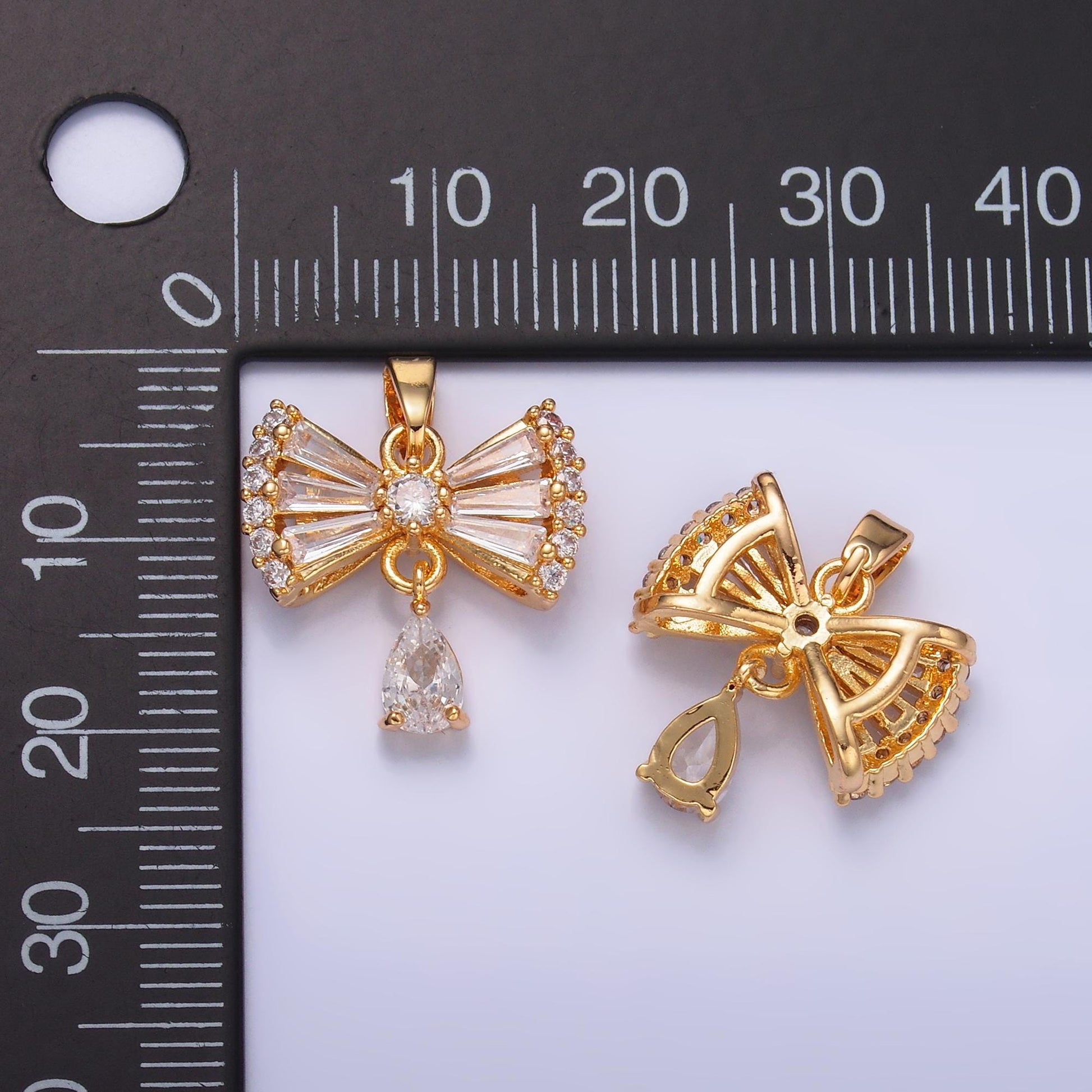 24K Gold Filled Clear CZ Ribbon Bow Drop Charm in Gold | AA1436