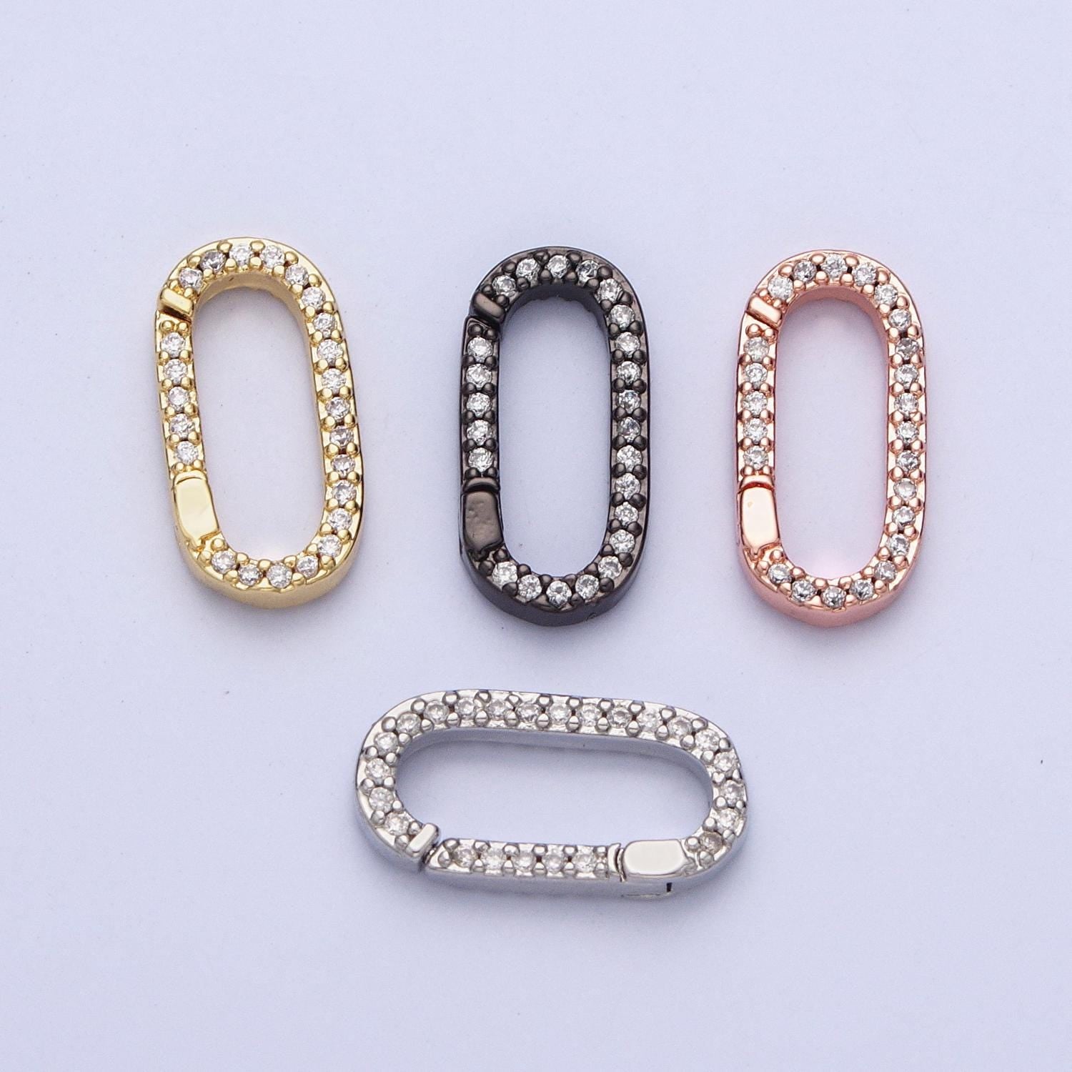 Cz Gold Spring Gate Ring, 14.8x7.6mm CZ Pull Gate ring Silver Black Oval Micro Pave Charm Holder Clasp for Connector Bracelet Necklace L858
