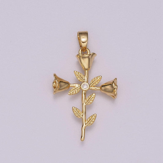 18k gold filled rose flower cross minimalist charm | n1426