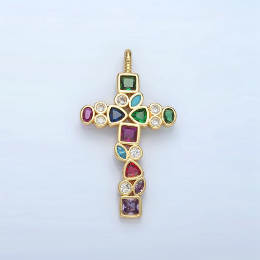 14k gold filled multicolor cz geometric cross pendant For Religious Charm Necklace | I545