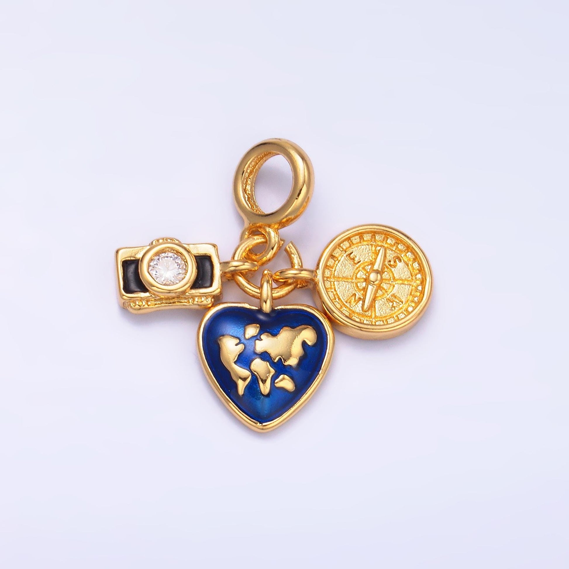24k gold filled camera / earth globe / compass travel theme rondelle bail drop pendant | E802