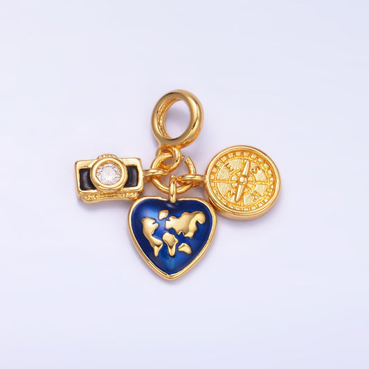 24k gold filled camera / earth globe / compass travel theme rondelle bail drop pendant | E802