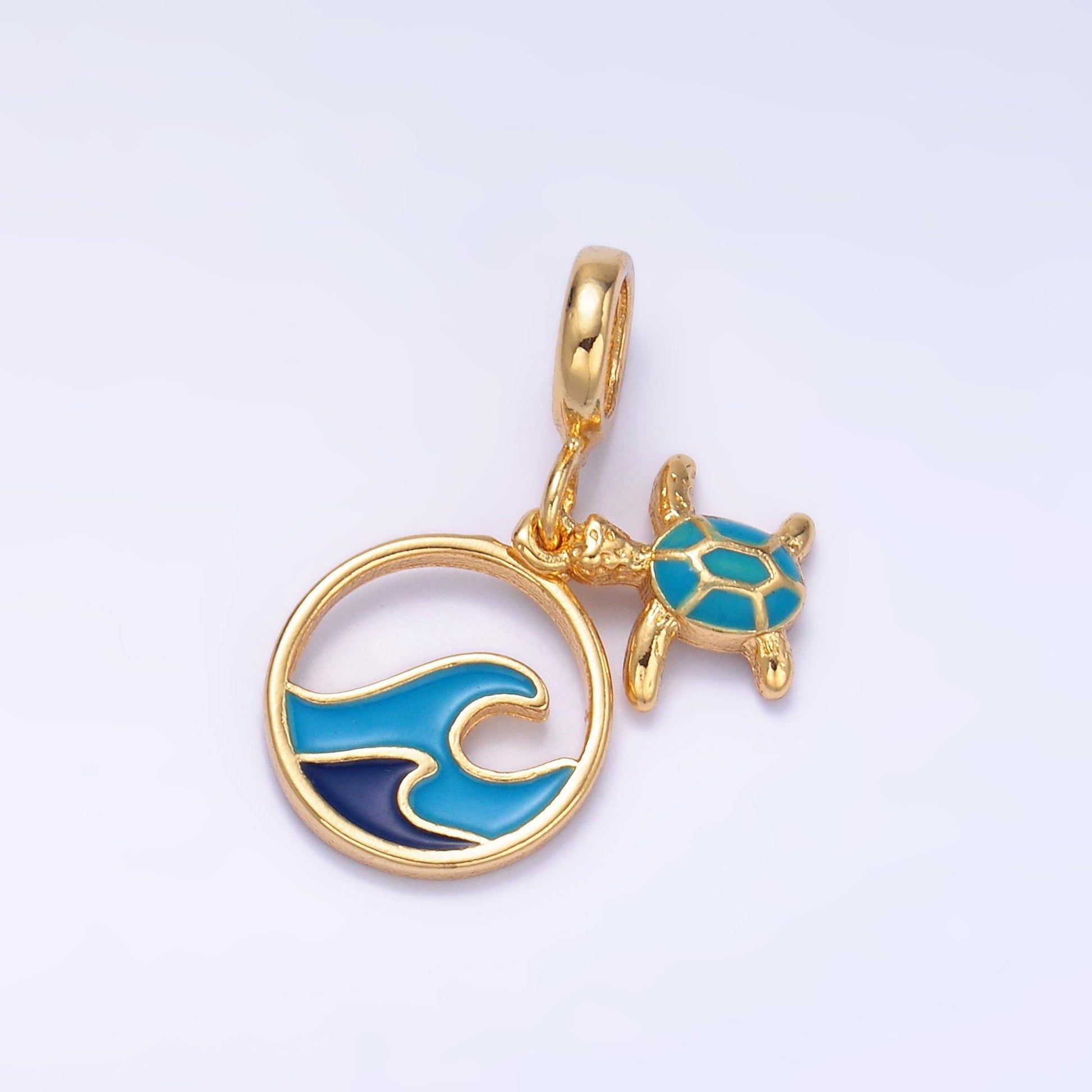 24k gold filled Blue Wave / turtle ocean theme rondelle bail Charm drop pendant | E796