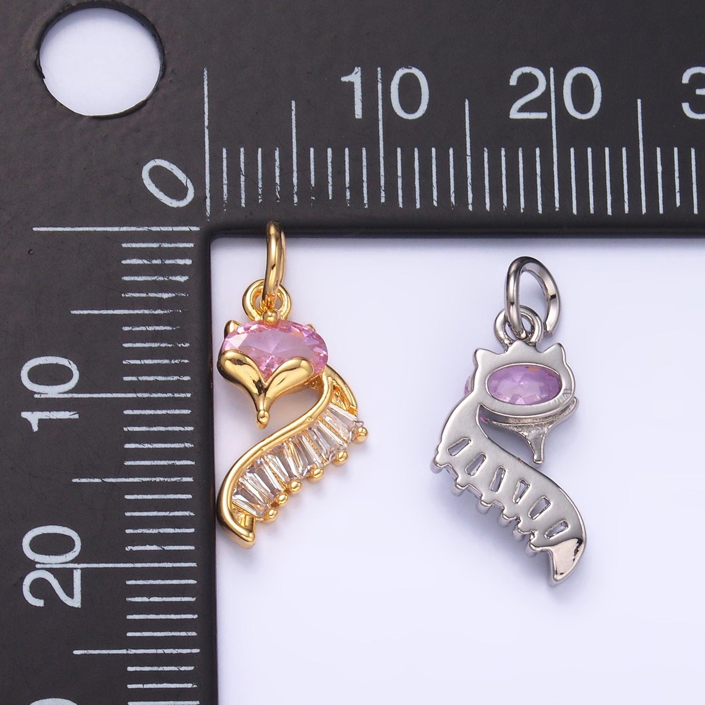 24K Gold Filled Fox Charm Wild Animal Baguette Pink CZ Curve Silhouette Charm in Gold & Silver | M462