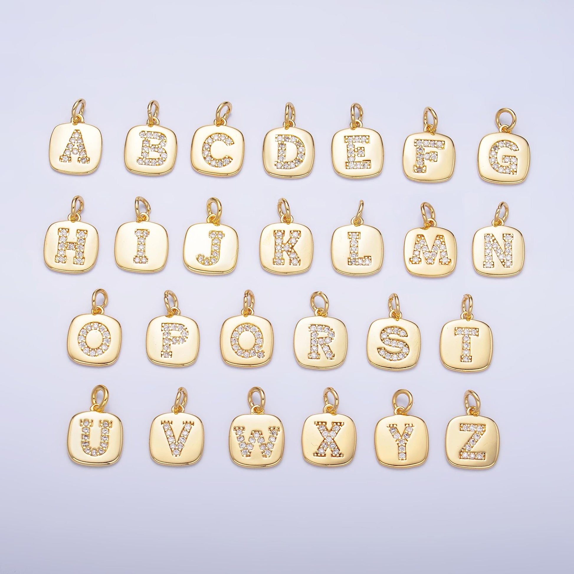 24k Gold Filled tag square Cz clear micro paved initial alphabet dainty personalized name tag charm necklace bracelet component | A1656