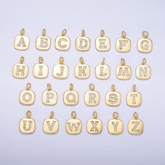 24k Gold Filled tag square Cz clear micro paved initial alphabet dainty personalized name tag charm necklace bracelet component | A1656