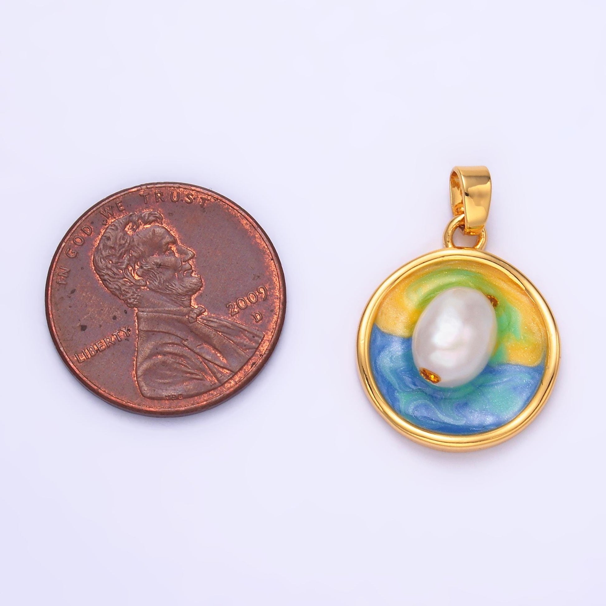 24K Gold Filled Sunrise Freshwater Pearl Pendant Enamel Jewelry | AA1460