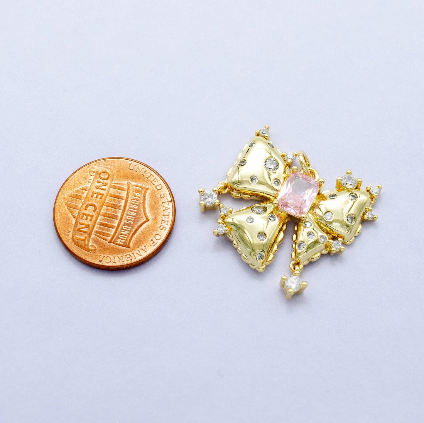 Big Pink 24k gold filled bow charms cz charm pink micro pave bow mini bow pendant cubic zirconia charm for bracelet necklace M-315