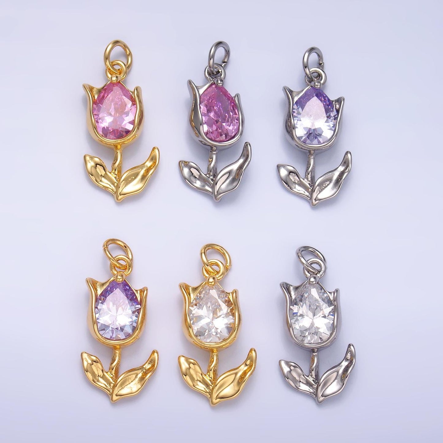 Mini Gold tulip charm cz Silver Tulips flower buds pendant Colorful CZ Stone for Spring Jewelry M182