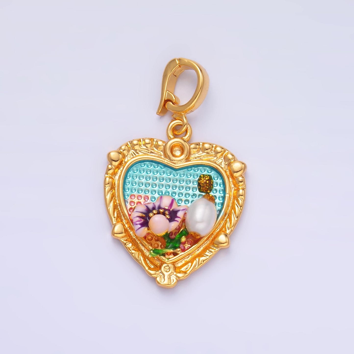 Colorful Artsy Heart Charm 24x20mm enamel with pearl beads 24k Gold Filled Charm for Bracelets and Necklaces with Enhancer Bail AA-1470