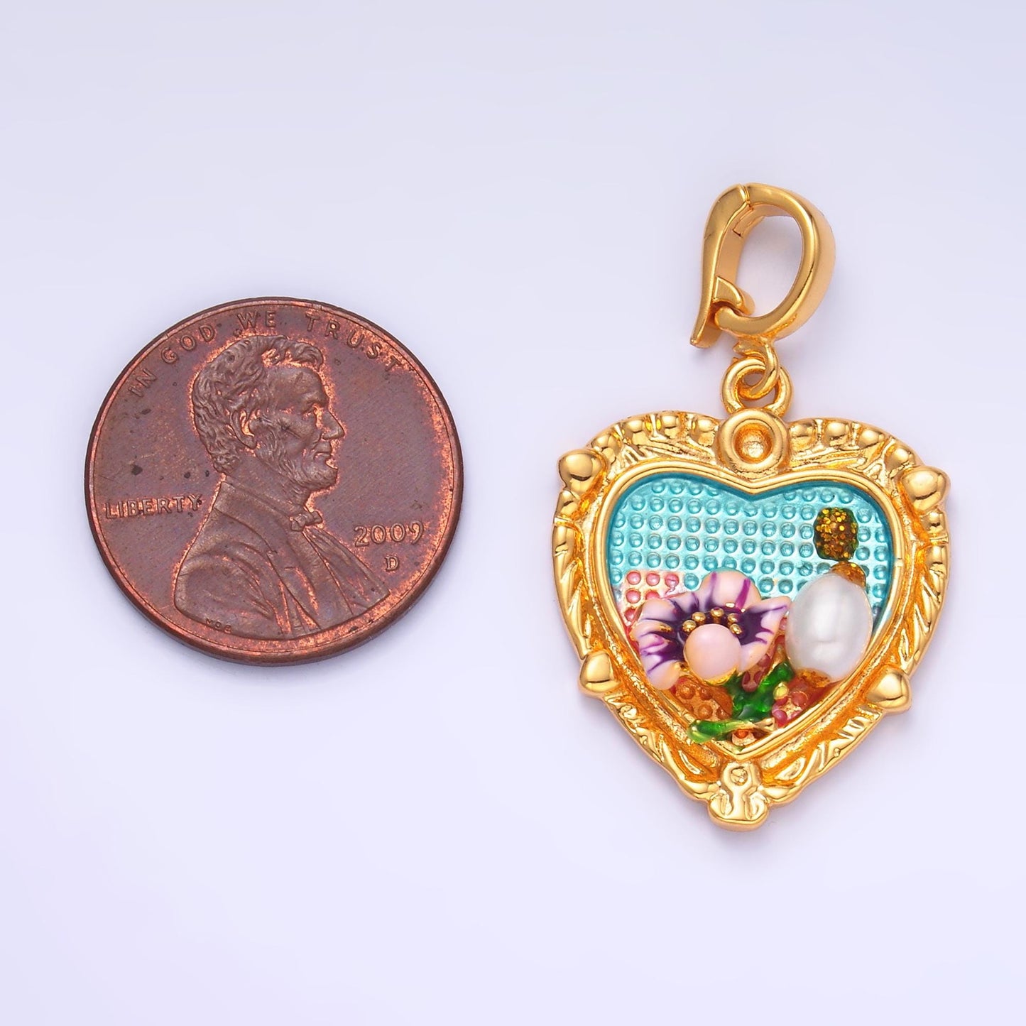 Colorful Artsy Heart Charm 24x20mm enamel with pearl beads 24k Gold Filled Charm for Bracelets and Necklaces with Enhancer Bail AA-1470