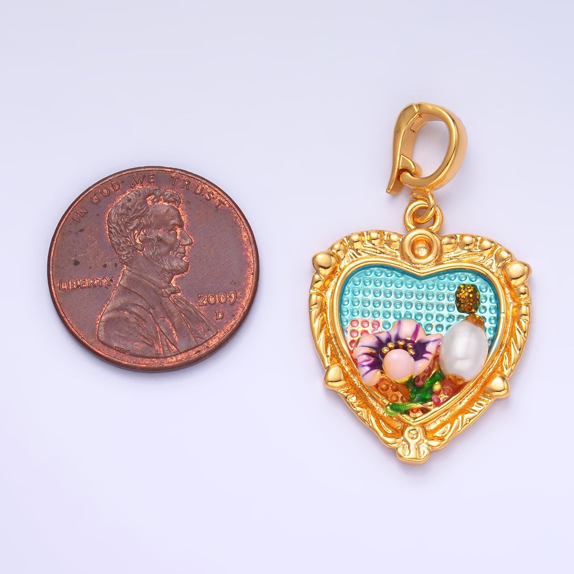 Colorful Artsy Heart Charm 24x20mm enamel with pearl beads 24k Gold Filled Charm for Bracelets and Necklaces with Enhancer Bail AA-1470