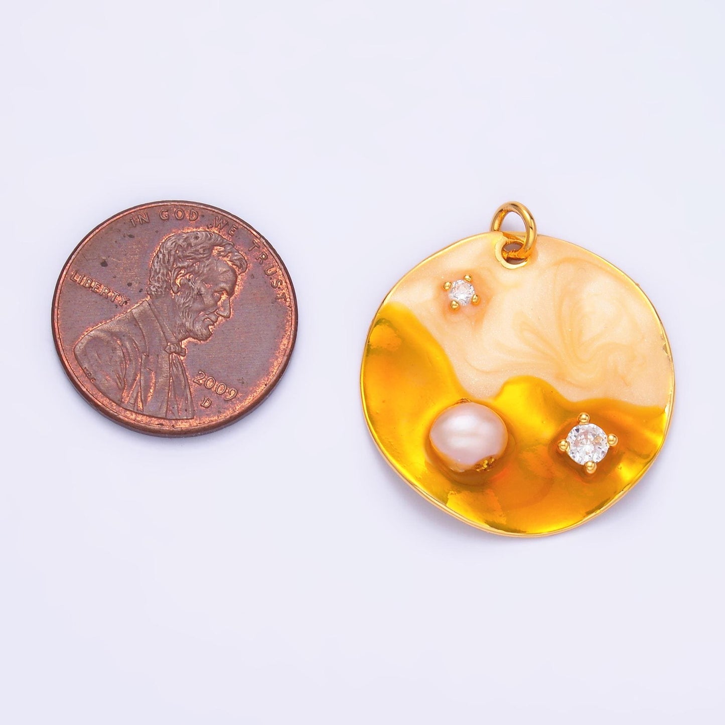 Yellow Gold Coin Charm 24x24mm enamel with pearl beads 24k Gold Filled Charm for Bracelets, Necklace Component Jewelry Making M-258