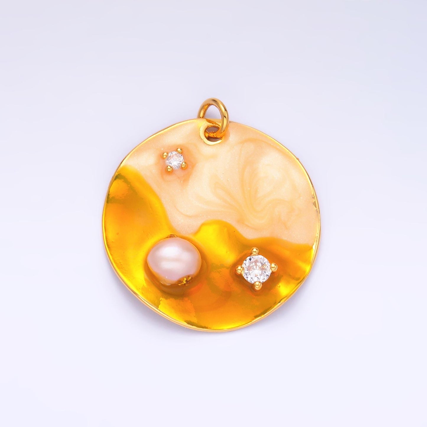 Yellow Gold Coin Charm 24x24mm enamel with pearl beads 24k Gold Filled Charm for Bracelets, Necklace Component Jewelry Making M-258