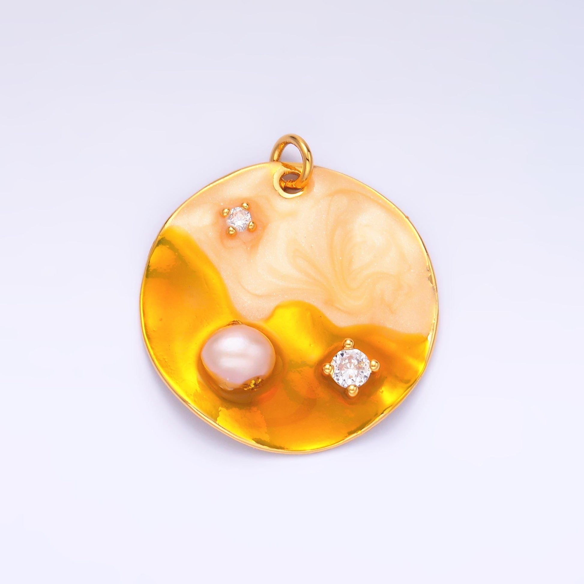 Yellow Gold Coin Charm 24x24mm enamel with pearl beads 24k Gold Filled Charm for Bracelets, Necklace Component Jewelry Making M-258