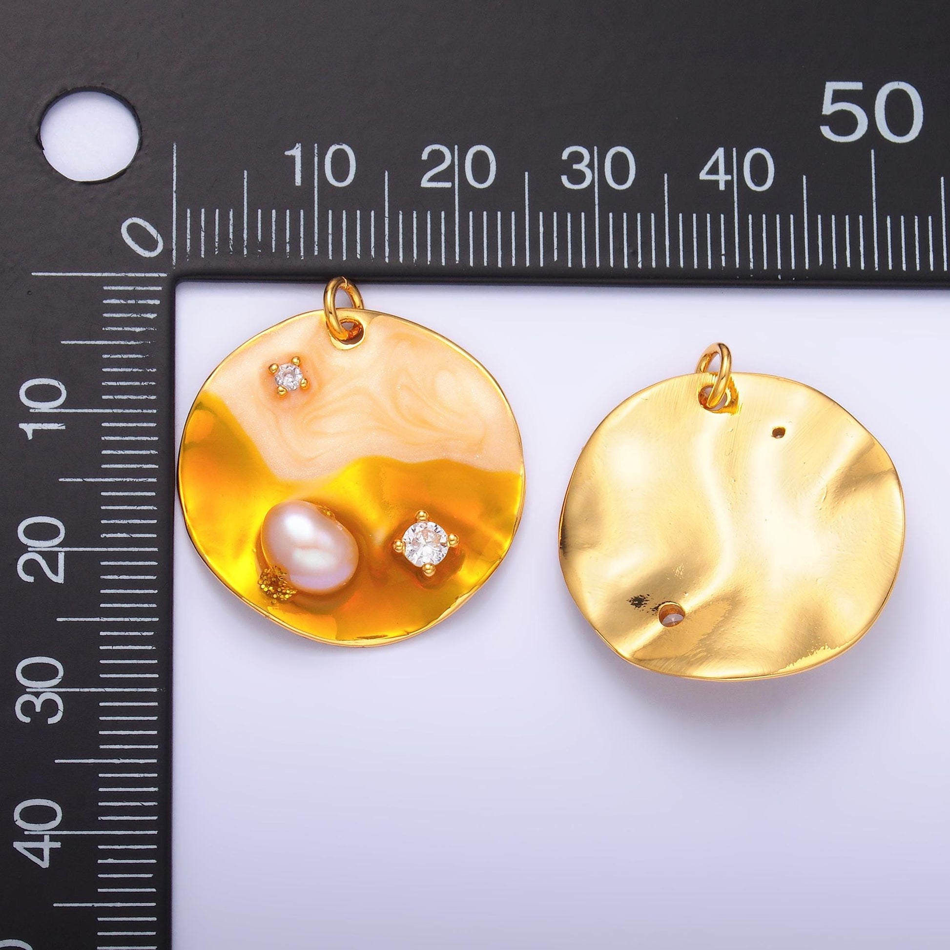 Yellow Gold Coin Charm 24x24mm enamel with pearl beads 24k Gold Filled Charm for Bracelets, Necklace Component Jewelry Making M-258