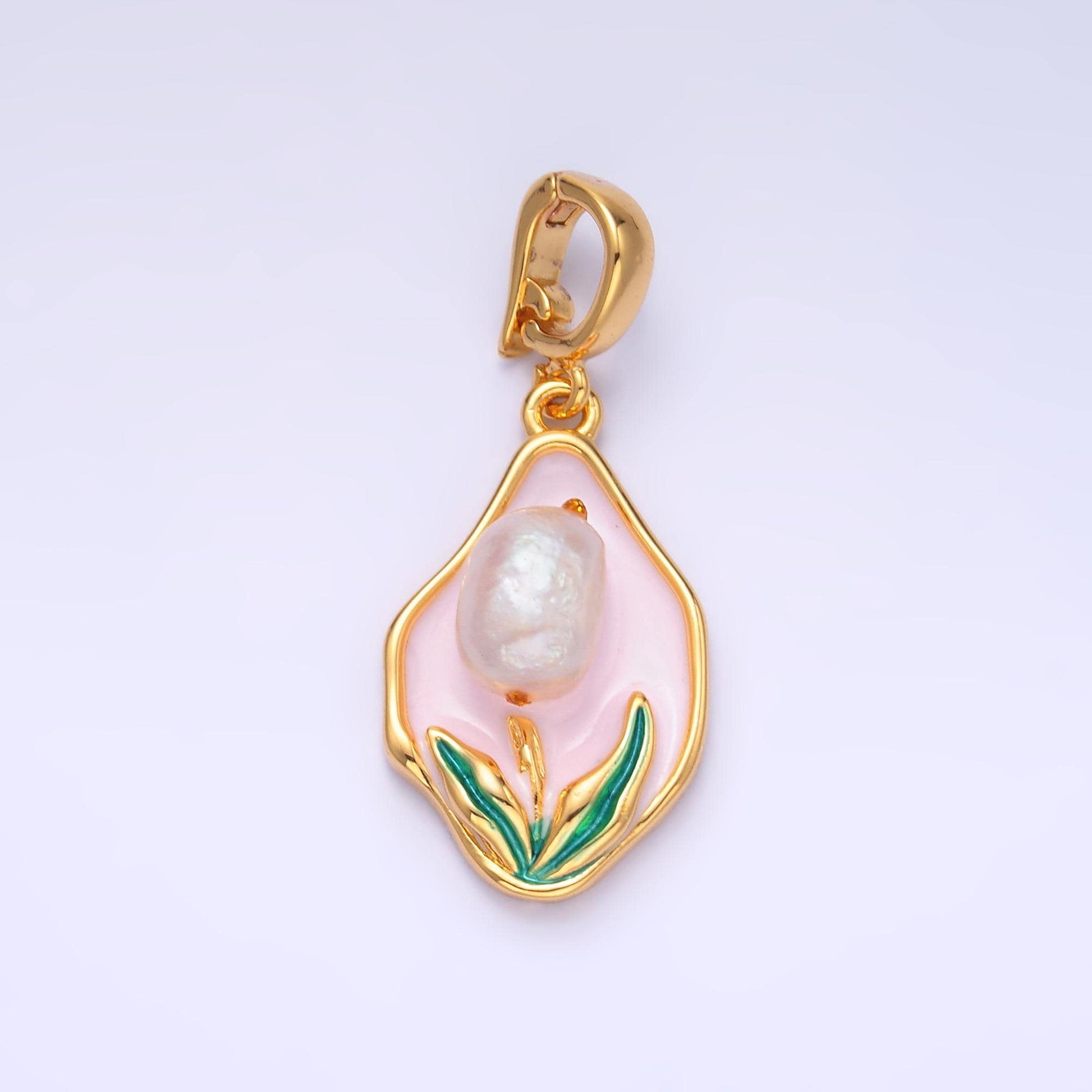 Pearl enamel pastel colors stamped flower 24k gold filled snap latch bail pendant | aa-1467