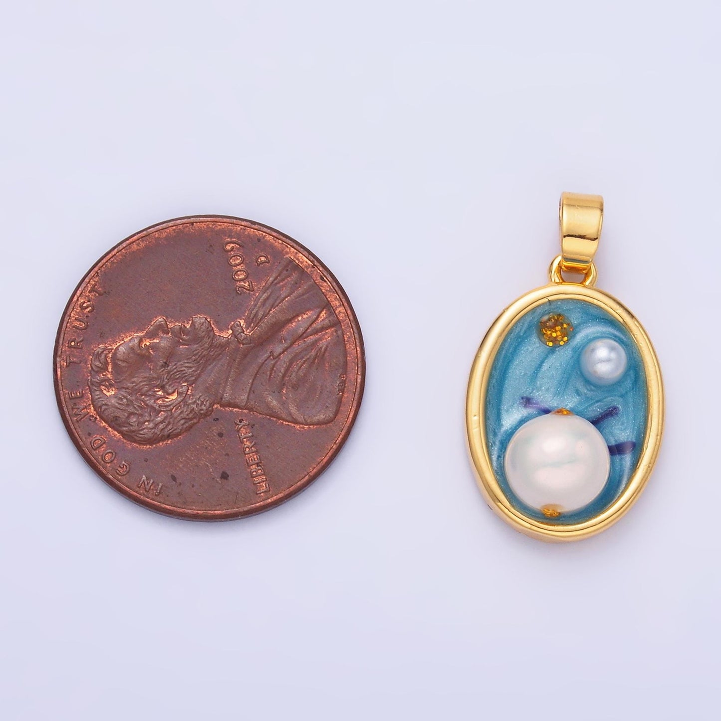 Oval Pearl Blue Sky enamel pastel colors Charm 24k gold filled pendant | AA-1471