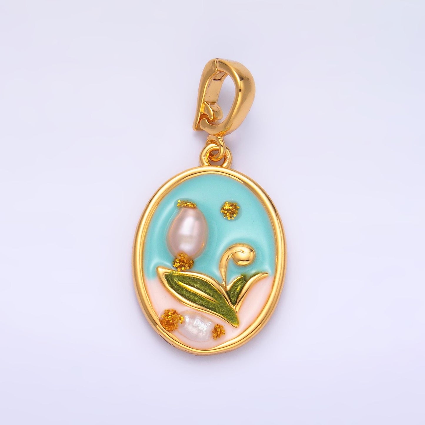 Pearl Tulip enamel pastel colors stamped flower 24k gold filled snap latch bail pendant | aa-1468