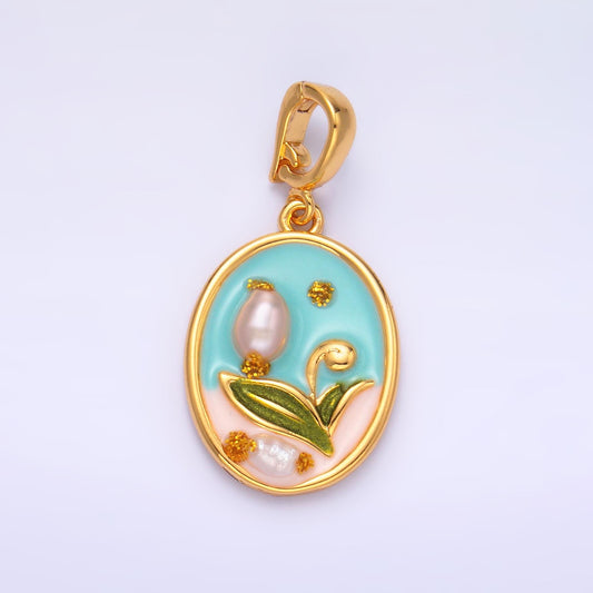 Pearl Tulip enamel pastel colors stamped flower 24k gold filled snap latch bail pendant | aa-1468