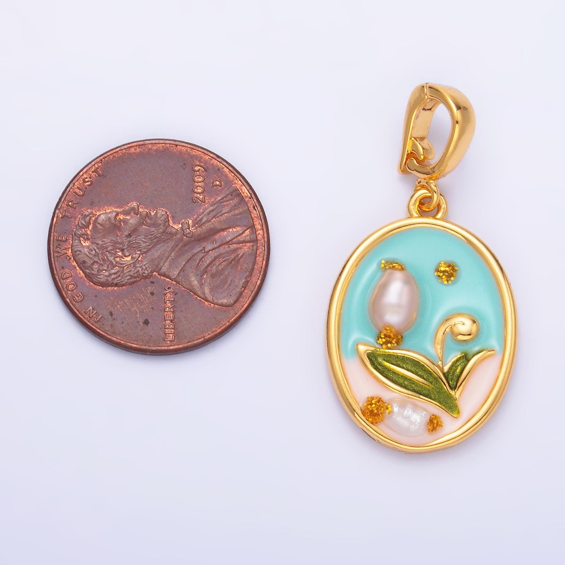 Pearl Tulip enamel pastel colors stamped flower 24k gold filled snap latch bail pendant | aa-1468