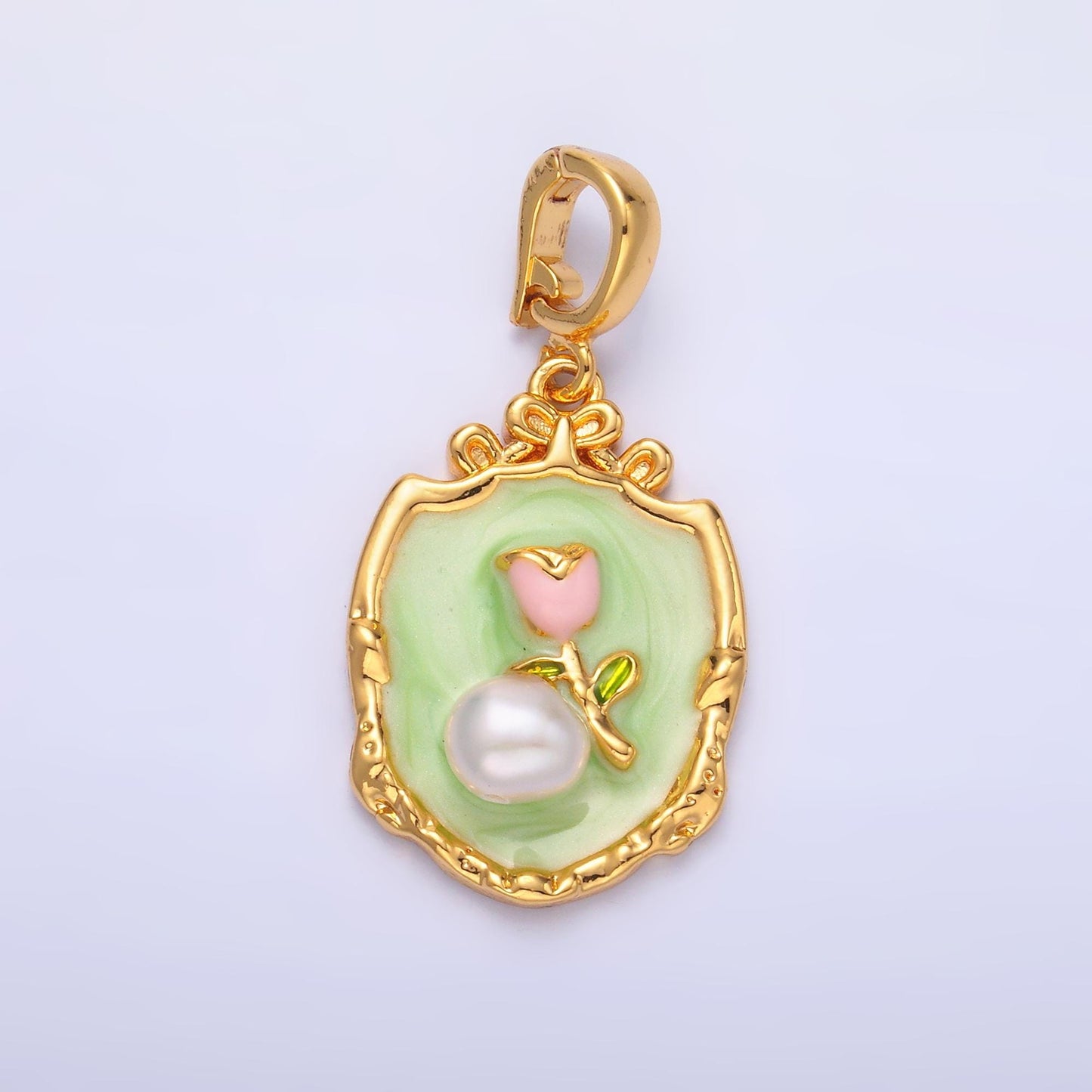 Green Pearl Tulip enamel pastel colors stamped flower 24k gold filled snap latch bail pendant | AA-1462