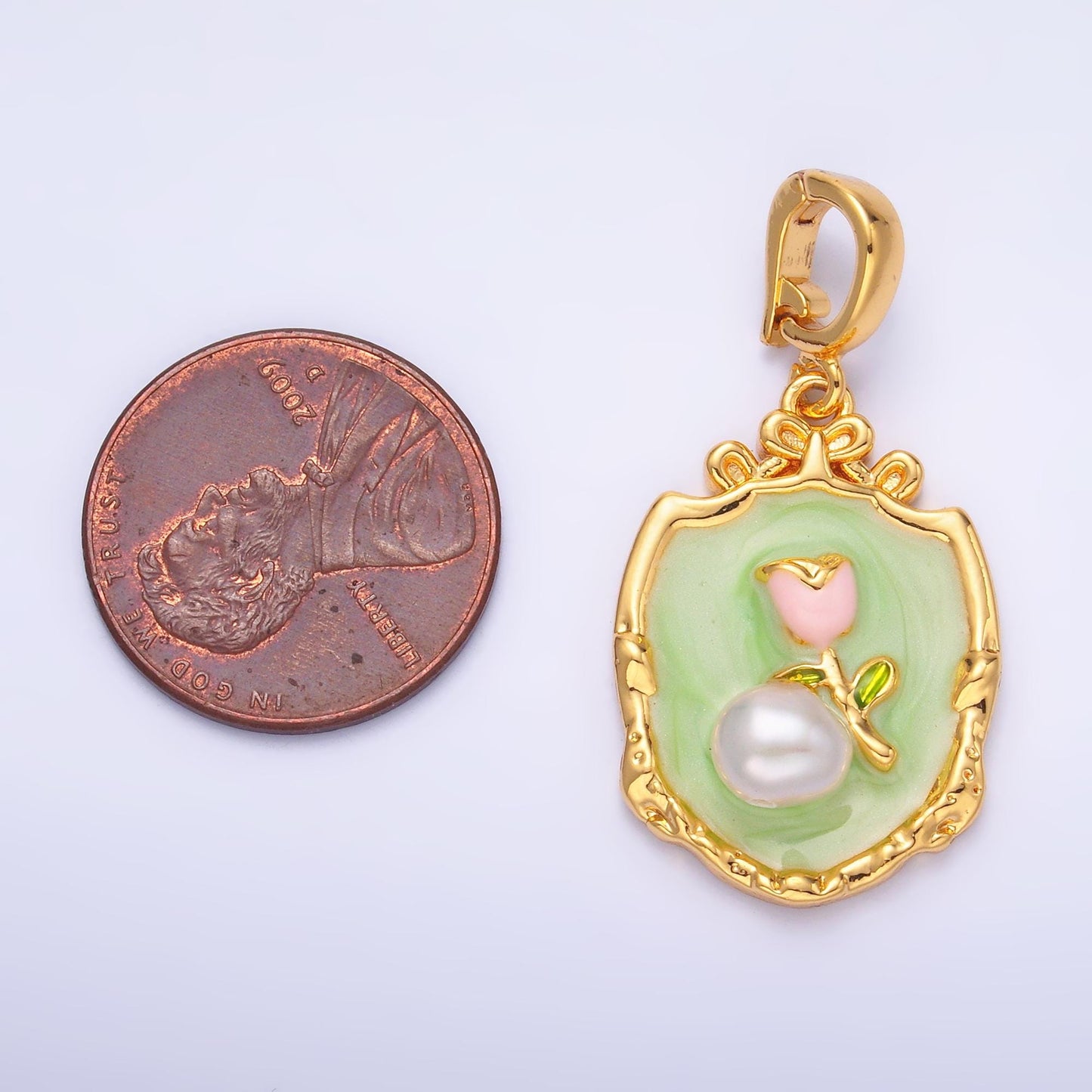 Green Pearl Tulip enamel pastel colors stamped flower 24k gold filled snap latch bail pendant | AA-1462