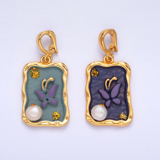 Pearl Butterfly enamel colors 24k gold filled snap latch bail pendant | AA-1464