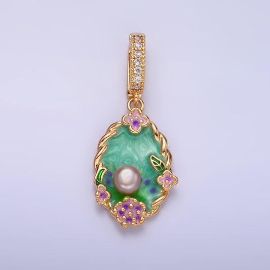 24K Gold Filled Green Enamel Flower Pearl Floral Bud Charm in Gold With Enhanced Clasp | AA1445