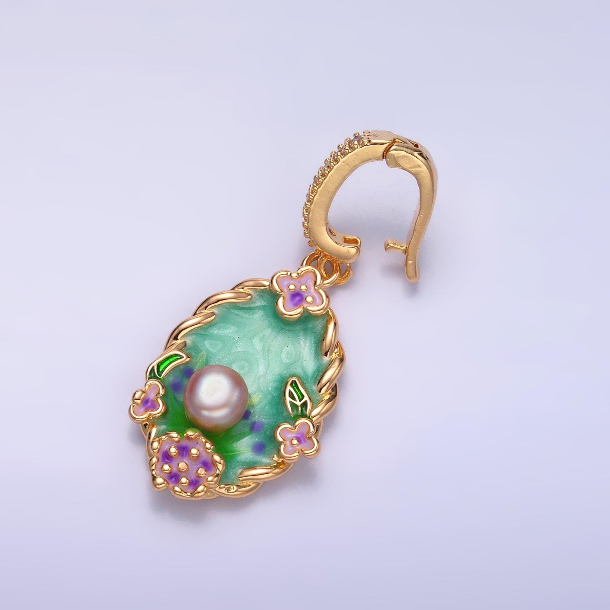 24K Gold Filled Green Enamel Flower Pearl Floral Bud Charm in Gold With Enhanced Clasp | AA1445
