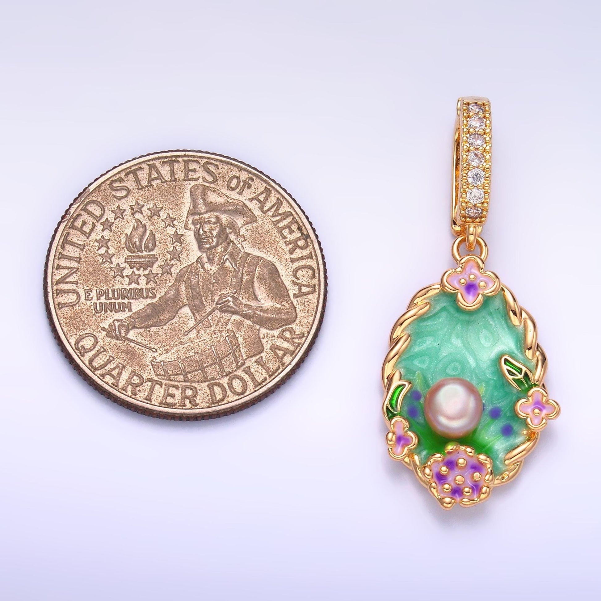 24K Gold Filled Green Enamel Flower Pearl Floral Bud Charm in Gold With Enhanced Clasp | AA1445