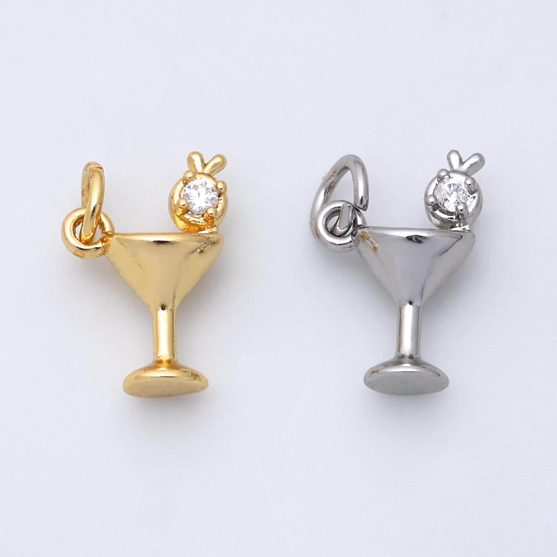 Mini Gold Filled cz martini charm with cz charm, cubic gold drink glass with micro pave pendant, silver bar wine charm pendant W-805