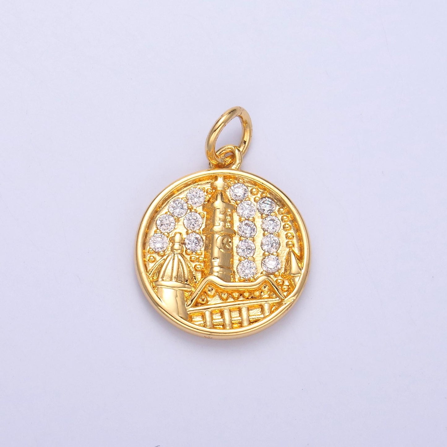 Micro pave Coin Charm Building Castel Charm Travel Jewelry C049
