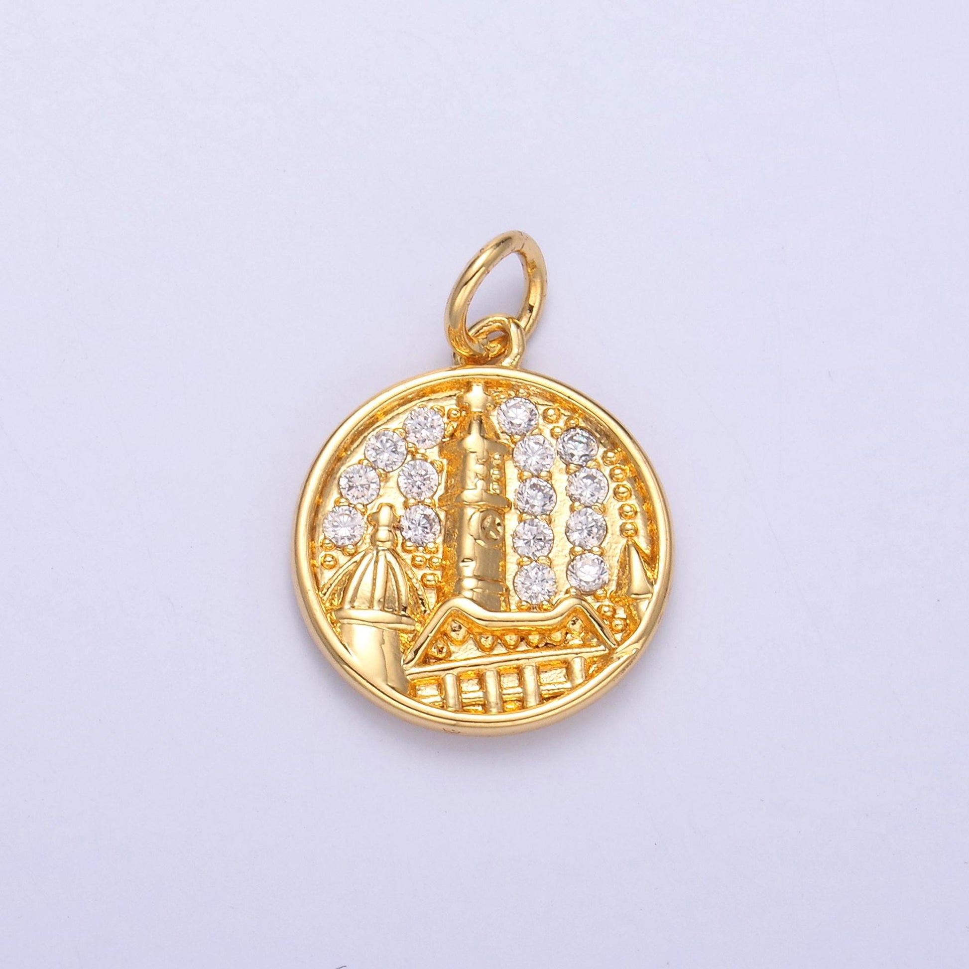 Micro pave Coin Charm Building Castel Charm Travel Jewelry C049
