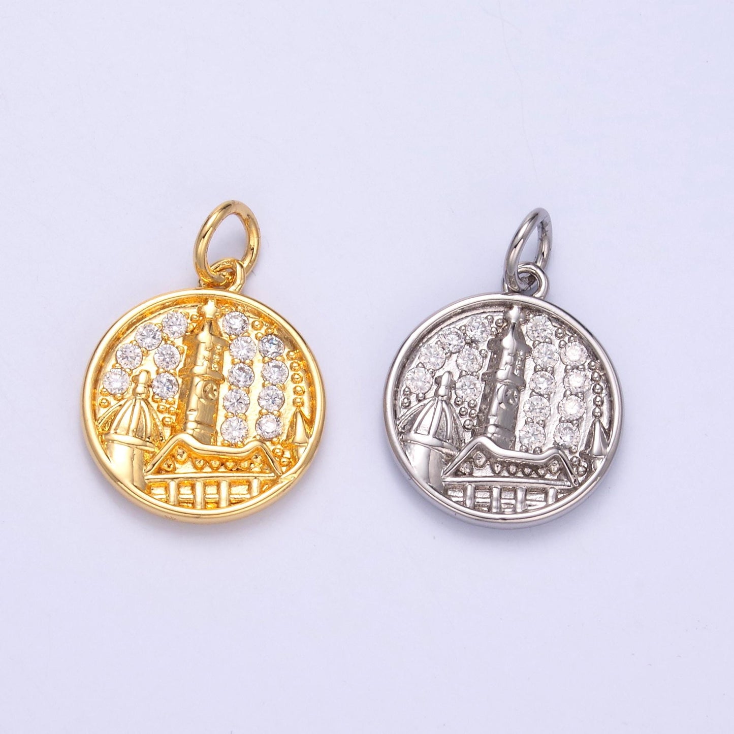 Micro pave Coin Charm Building Castel Charm Travel Jewelry C049