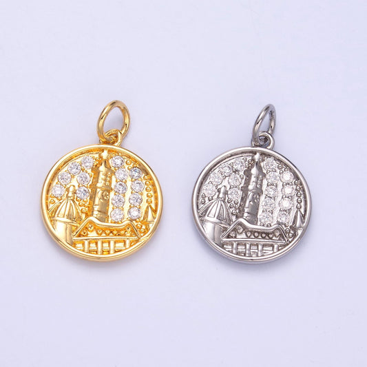Micro pave Coin Charm Building Castel Charm Travel Jewelry C049