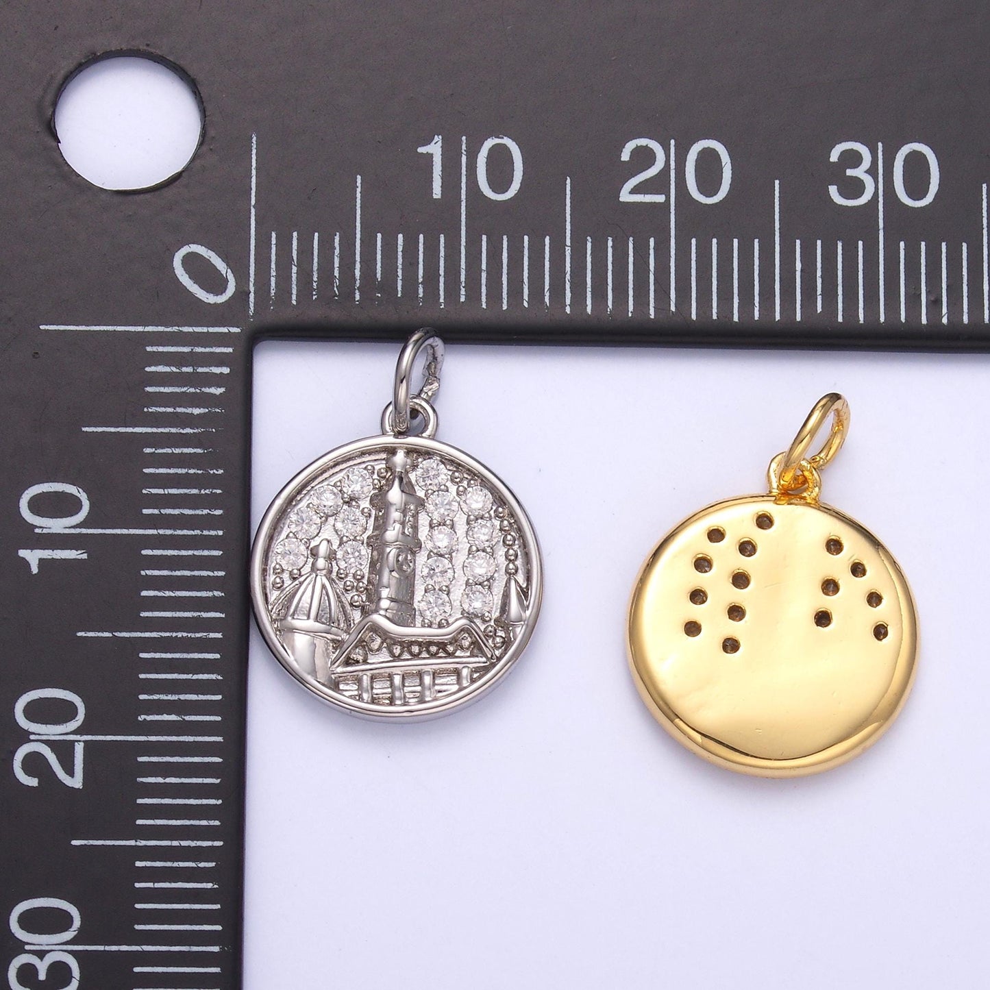 Micro pave Coin Charm Building Castel Charm Travel Jewelry C049