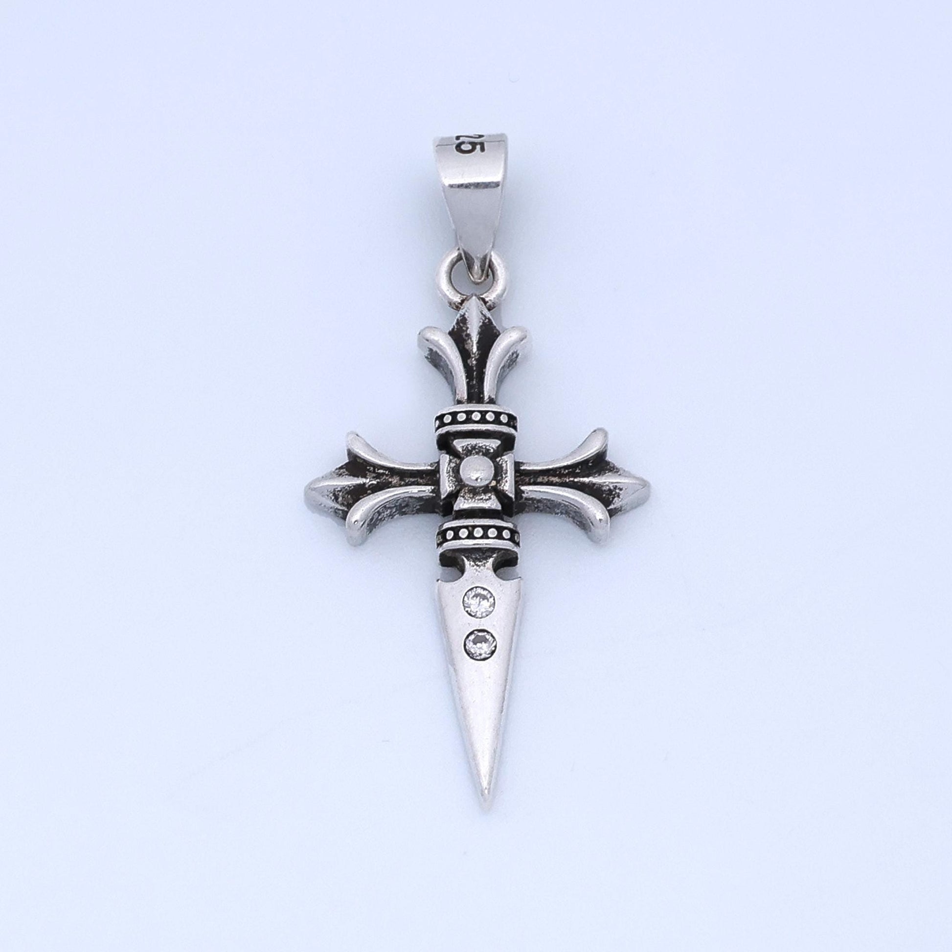 S925 sterling silver 30mm fleur st. james cross knife oxidized pendant | sl-462