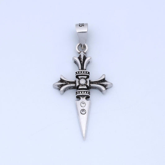 S925 sterling silver 30mm fleur st. james cross knife oxidized pendant | sl-462