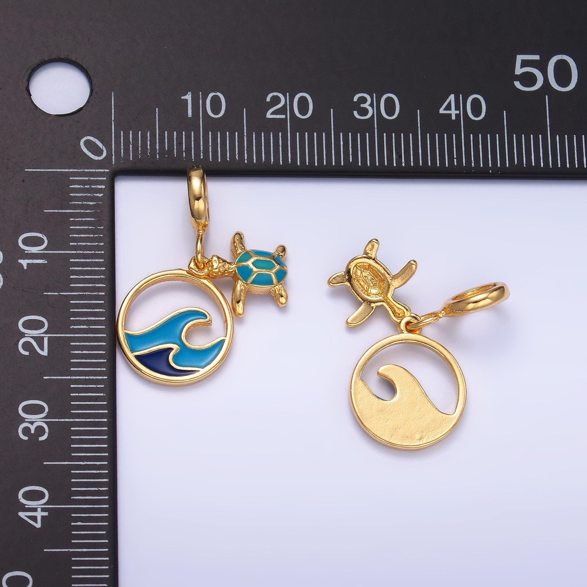 24k gold filled Blue Wave / turtle ocean theme rondelle bail Charm drop pendant | E796