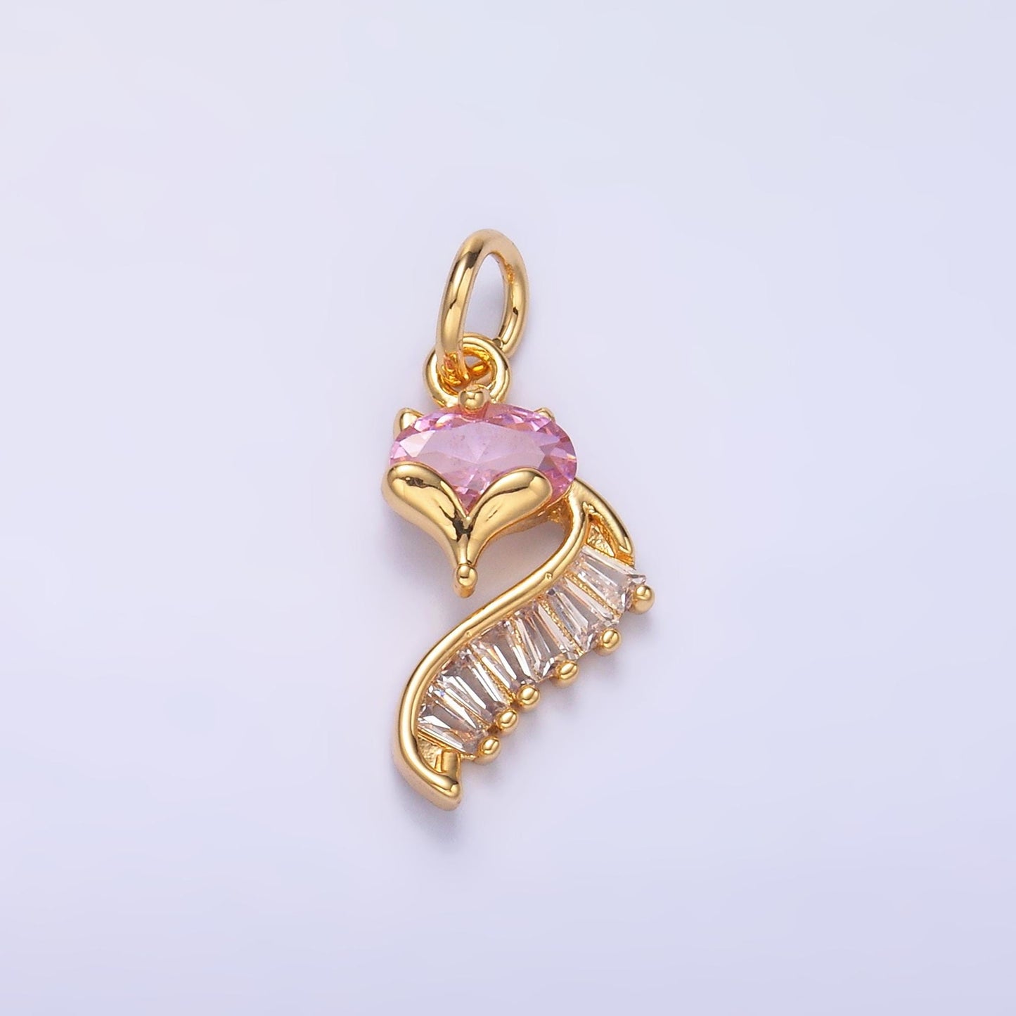 24K Gold Filled Fox Charm Wild Animal Baguette Pink CZ Curve Silhouette Charm in Gold & Silver | M462