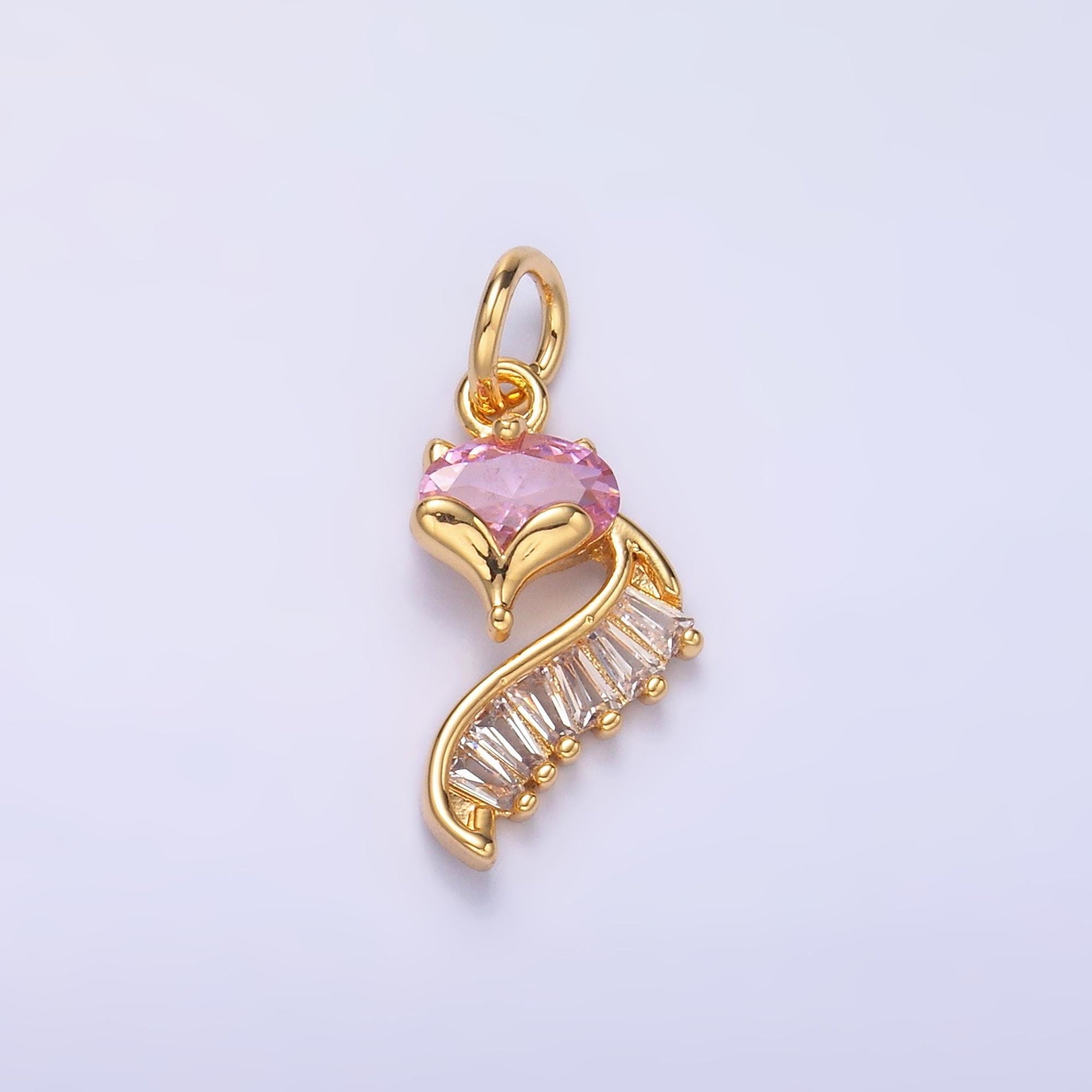 24K Gold Filled Fox Charm Wild Animal Baguette Pink CZ Curve Silhouette Charm in Gold & Silver | M462