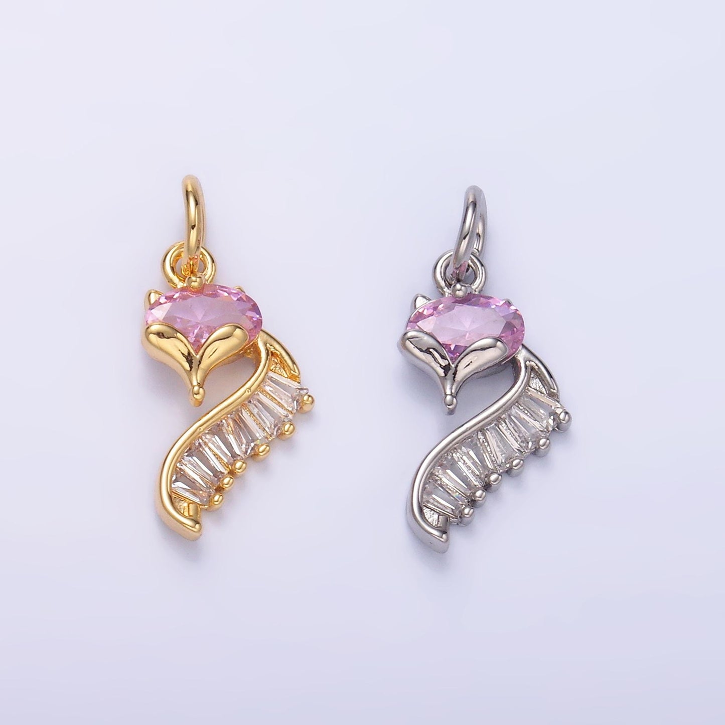 24K Gold Filled Fox Charm Wild Animal Baguette Pink CZ Curve Silhouette Charm in Gold & Silver | M462
