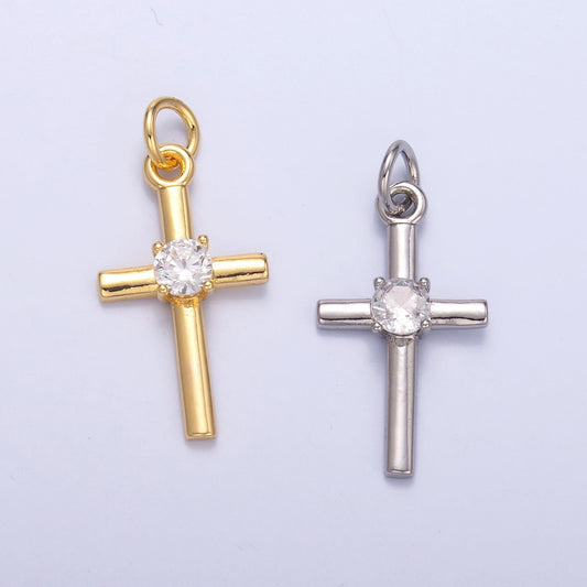 Slim Cross Charm 24K Gold Filled Clear CZ Religious Cross Mini Charm in Gold & Silver | C056