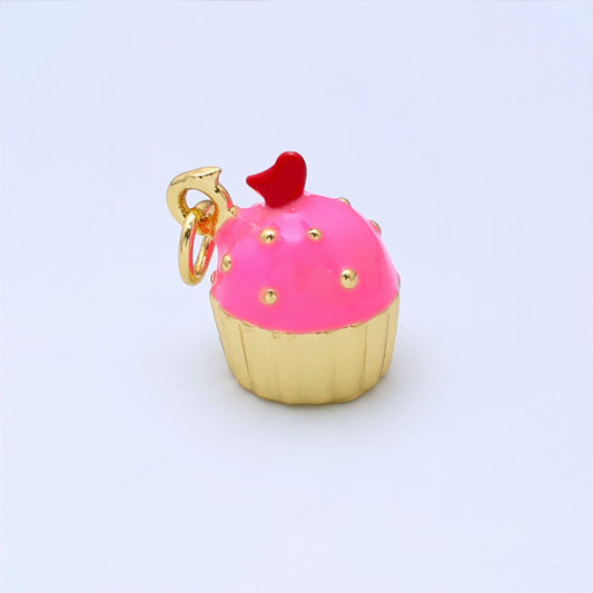24k gold filled pink, sprinkled cover cupcake w/ cherry on top kids enamel charms | C051