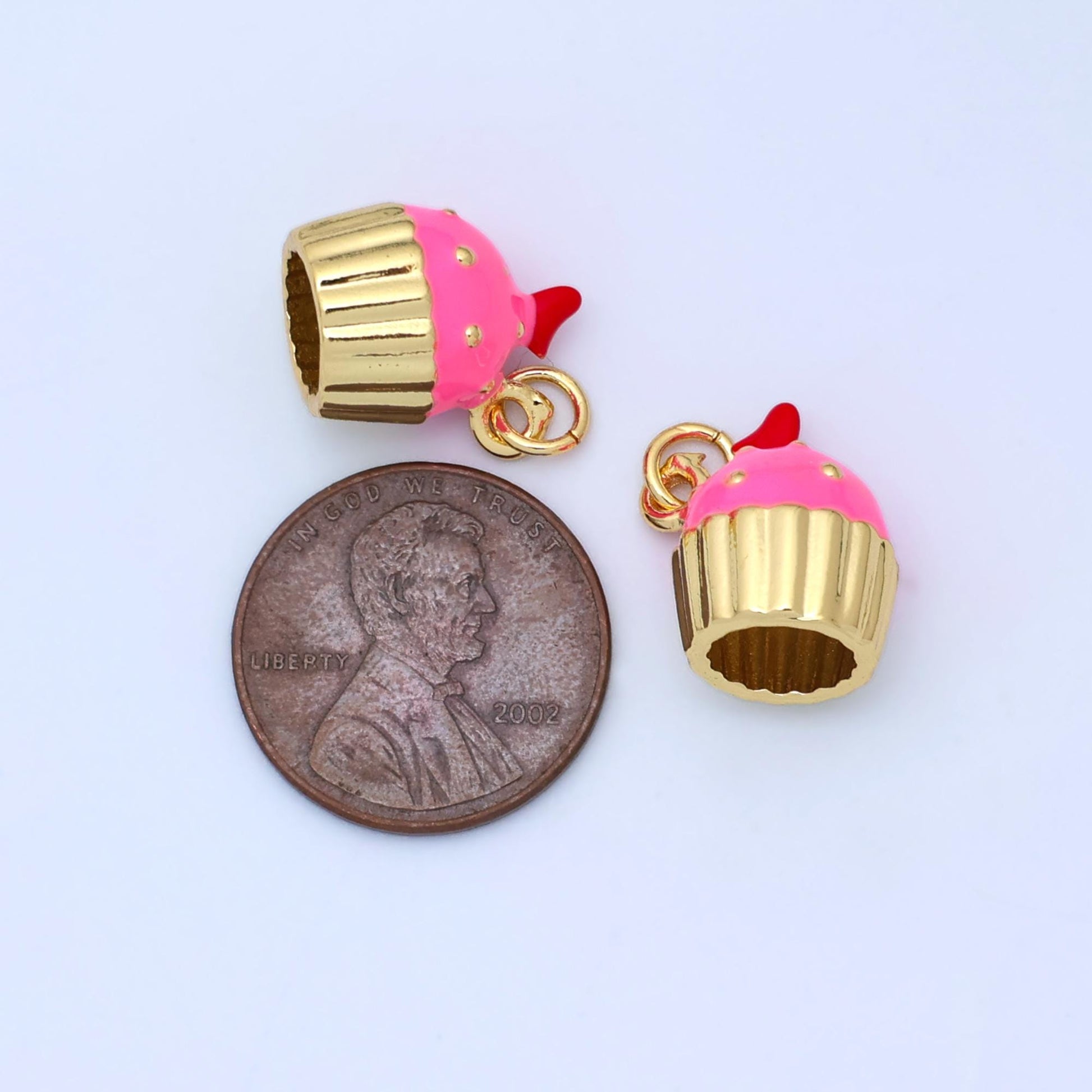 24k gold filled pink, sprinkled cover cupcake w/ cherry on top kids enamel charms | C051
