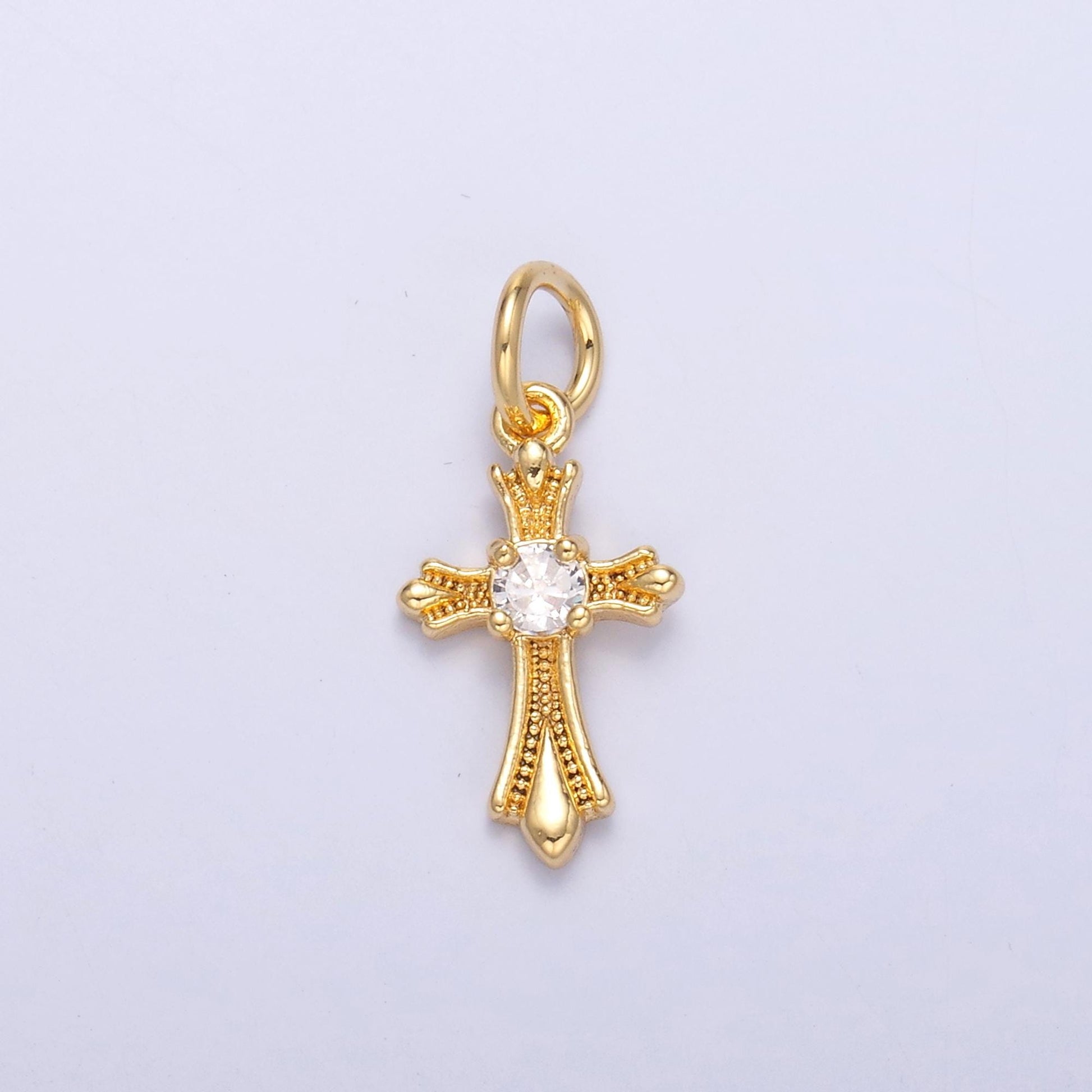 Dainty Gold Silver Cross Charms, 24K Gold Filled Micro Paved Clear CZ Religious Cross Pendant | N-002