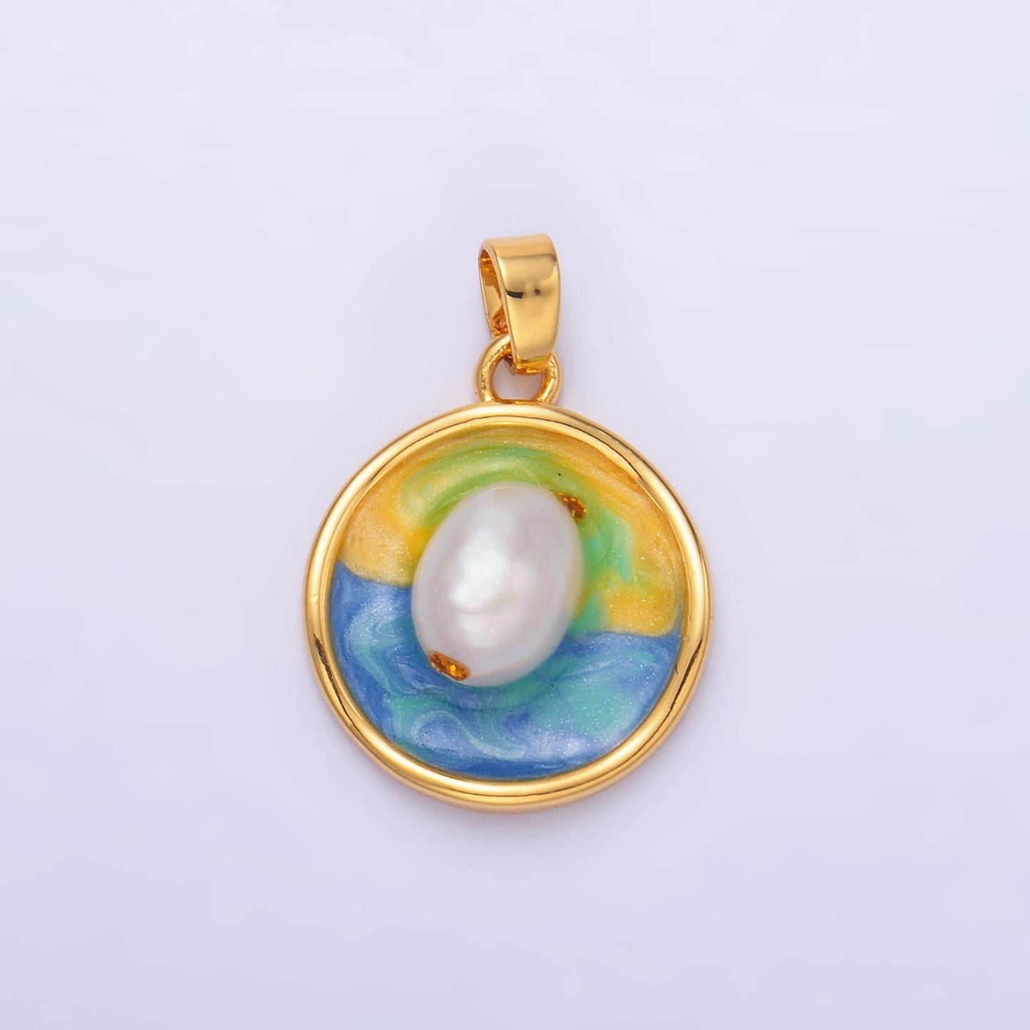 24K Gold Filled Sunrise Freshwater Pearl Pendant Enamel Jewelry | AA1460