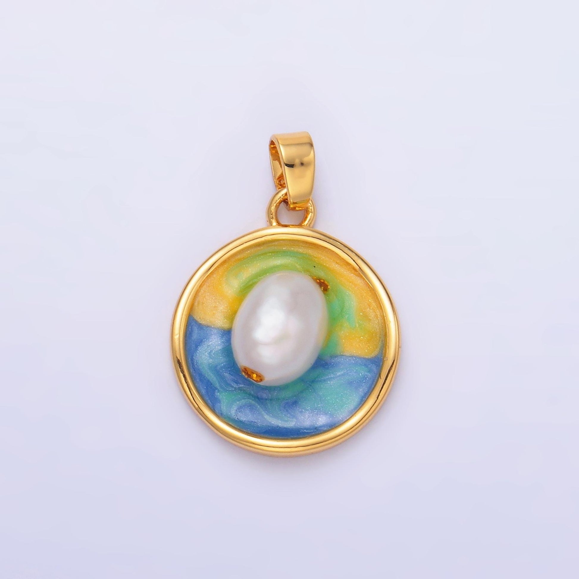 24K Gold Filled Sunrise Freshwater Pearl Pendant Enamel Jewelry | AA1460